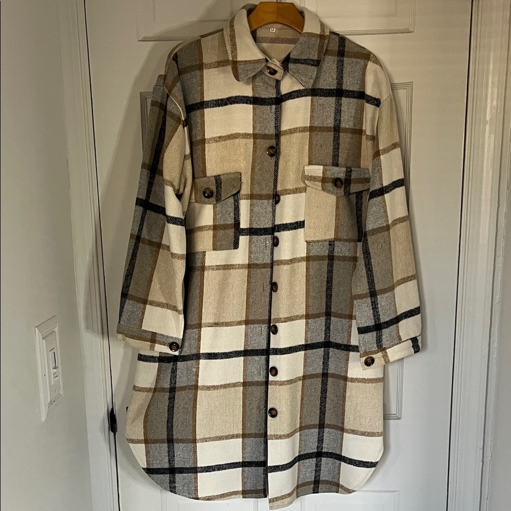 Plaid Shacket Jacket in Cream and Brown